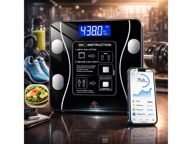 Balança Digital Bioimpedância Bluetooth Corporal Aparelho Alta Capacidade App Para Android E Para Ios Cor Preto Balança De Banheiro Academia - Rhead Red High End Studios 3v